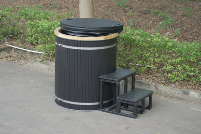 Composite Wood Ice Bath Tub with PP Liner, Black Round Bathtub for Cold Plunge Chiller