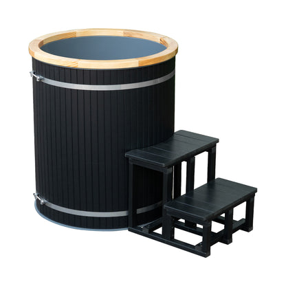 Composite Wood Ice Bath Tub with PP Liner, Black Round Bathtub for Cold Plunge Chiller